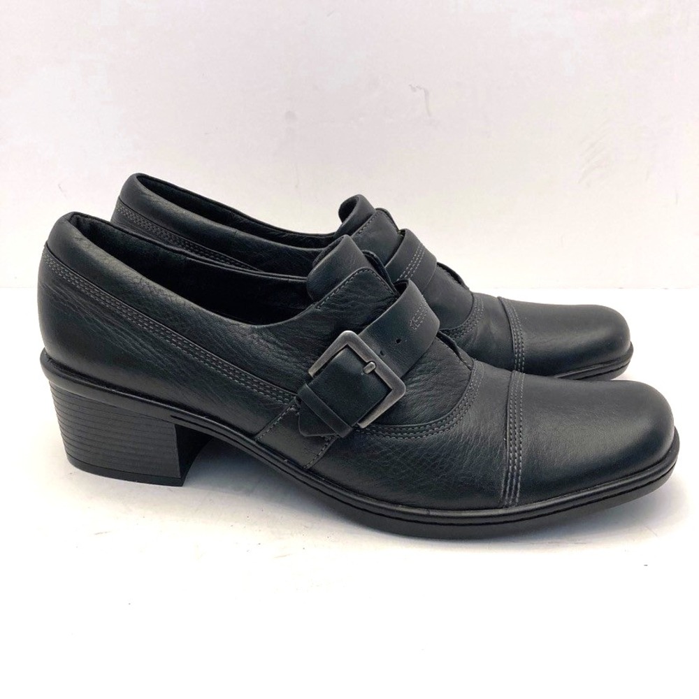 Clarks Artisan‎ Loafers Black Leather Womens 10 N Narrow Buckle Split Front